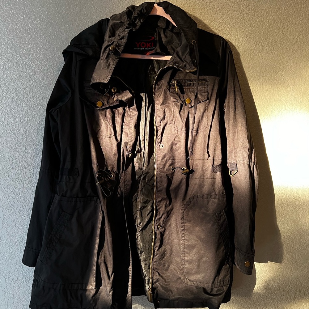 Yoki Rain Jacket Black Outerwear Adjustable Spring With Removable Hood Sz M